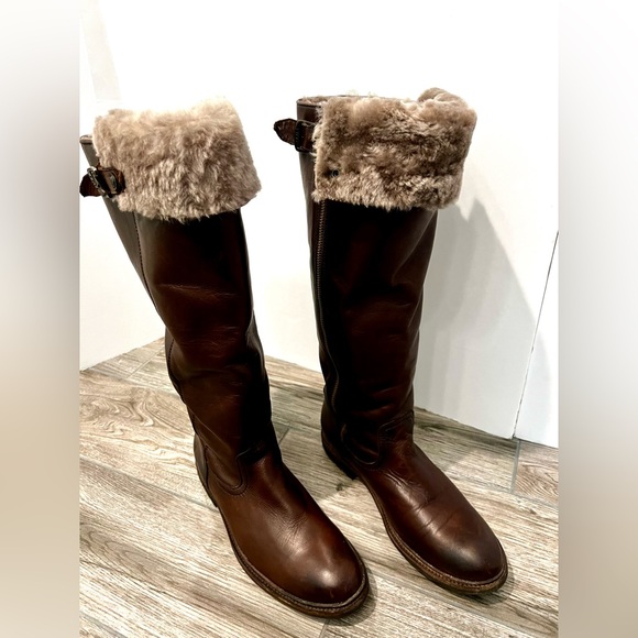 Frye Shoes - FRYE Mara Button Genuine Leather Shearling Tall Zip Up Brown Boots Size 8.5